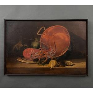 Huile sur toile nature morte avec homard début XXe