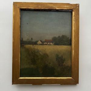 Oil On Panel Rural Landscape With House Early 20th Century Gilded Frame