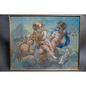 Late 19th Century Pastel Painting Decorated With Cherubs And Doves