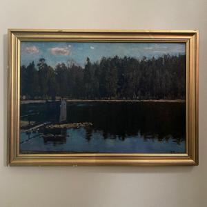 Oil On Cardboard By Stanislaw Zukowski Body Of Water At Dusk