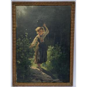 Oil On Cardboard Young Girl With A Pitcher Late 19th Century Undergrowth Barbizon