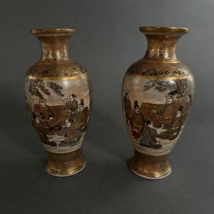 Pair Of Satsuma Vases Japan 19th Century Gilded Background