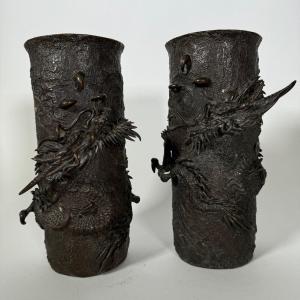 Pair Of Tubular Bronze Vases Decorated With Dragons, Japan, Meiji Period