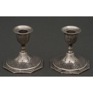 Paire de bougeoirs perses XIXe en argent gravé décor oiseaux poinçons 84