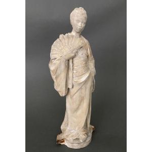 Plaster Studio Statue By Charles Filleul, Woman With Fan, 20th Century