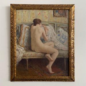 Huile sur panneau par Henri Guinier femme nue scène d'intérieur