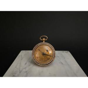 19th Century Gold And Enamel Rooster Pocket Watch With Pearl Surround And Leather Case