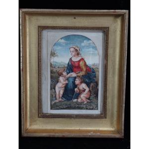 Watercolor Virgin And Child In 19th Century Gilded Frame