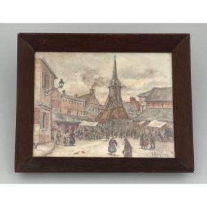 Watercolor On Paper By Alfred Hilpert 1927 Market Scene In Honfleur