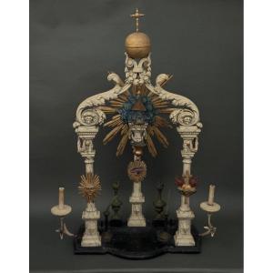 19th Century Masonic Altar In Polychrome Carved Wood, Height 1 Meter