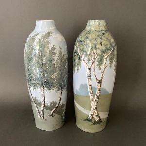 Pair Of Landscape Porcelain Vases Jaeger & Co Bavaria Germany