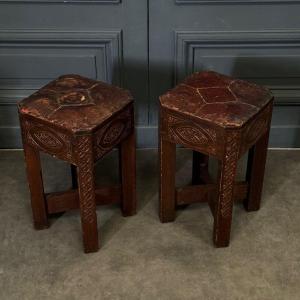 Pair Of Oriental Stools Covered In Leather Mid-20th Century Engraved Wood