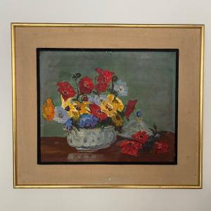 Oil On Cardboard Still Life Bouquet Of Flowers 20th Century