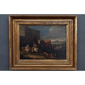 Huile sur toile XVIIIe scène d'animaux et de berger cadre doré