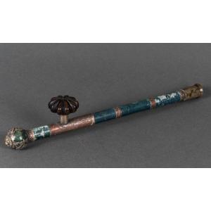 Hard Stone And Silver Plated Metal Pipe, China, Lion's Head, Early 20th Century