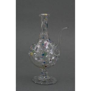 Carafe en verre soufflé XVIIIe Inclusions de couleurs Pied douche