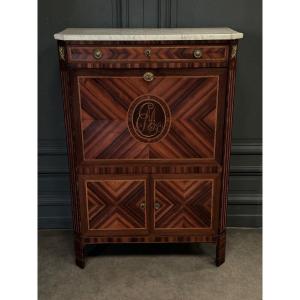 Louis XVI Period Secretary In Monogram Marquetry And White Marble