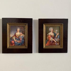 Hand Painted Miniatures Of 18th Century Women Signed After Van Loo