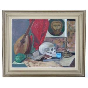 Oil On Cardboard Still Life With Mandolin And Skull