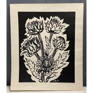 Lithographie contresignée Laure Malclès Masereel bouquet d'artichauts 1974