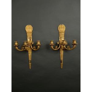 Pair Of 3-light Gilt Bronze Palmette Wall Lights, 19th Century Restoration