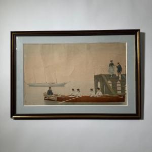 Gravure en couleur représentant des marins et une élégante XIXe