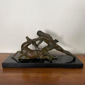 Bronze Art Déco par Ghanu Gantcheff 1930 homme et antilope