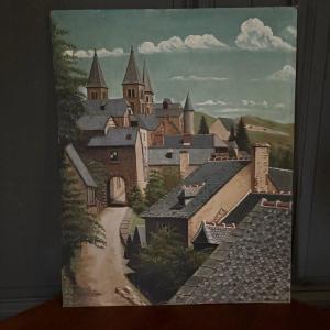 Huile sur panneau représentant un village en 1961