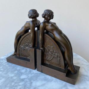 Pair Of Bookends By F. Bazin Art Deco 1930 Patinated Metal