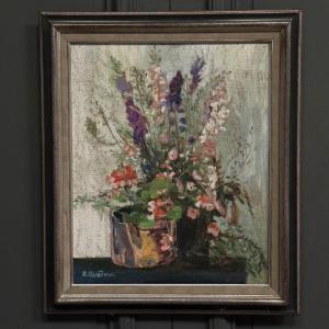 Oil On Canvas Still Life With Flowers By R. Queïnnec Mid-20th Century