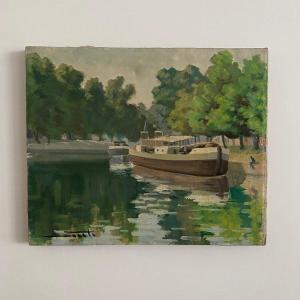 Huile sur toile XXe péniche sur les bords de l'Erdre Nantes