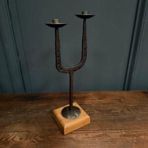 2-light Candle Holder, Ironwork, 1970s, On Wooden Base