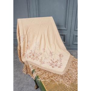 19th Century Embroidered Tablecloth Or Shawl With Floral Decoration And Fringes