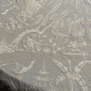 Chinese Embroidered Tablecloth Shawl 1900 Decorated With Pagodas, Birds And Flowers