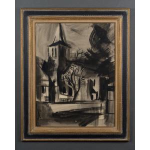 Ink Charcoal On Paper 20th Century Landscape With Church 1950 