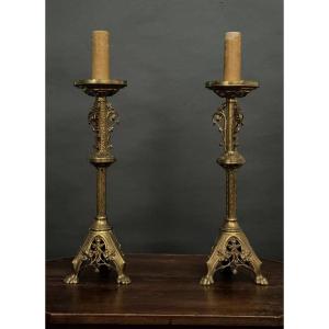 Pair Of 19th Century Religious Candlesticks In Richly Decorated Gilded Bronze