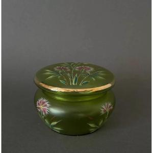 Legras 1900 Enamel Candy Box With Green Background And Floral Decoration