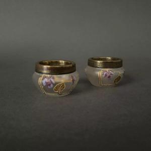 Pair Of 1900 Art Nouveau Enameled Salt Cellars Decorated With Violets