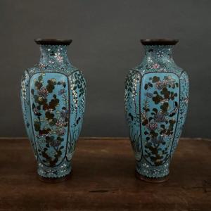 Paire de vases cloisonnés à décor floral et de papillons fin XIXe