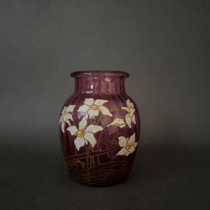 Legras Enamelled Vase 1900 Pink Glass Daffodil Decoration