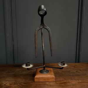 2-light Candle Holder, Ironwork, 1970s, On Wooden Base