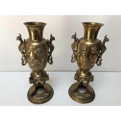 Pair Vase In Bronze China Indochina A Floral Decor And Chimere 19th
