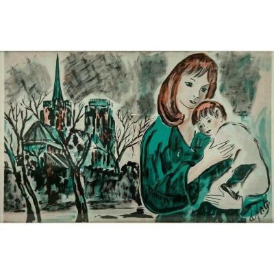 Watercolor On Paper By Henry D Anty Woman Al Child In Front Of Cathedral