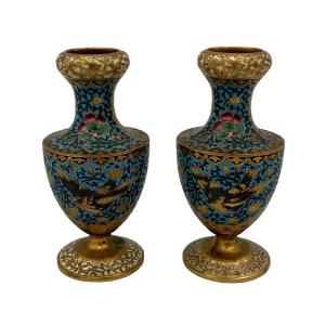 Pair Of Cloisonne Vases In Bronze XIX Eme Decor D Barbedienne Birds