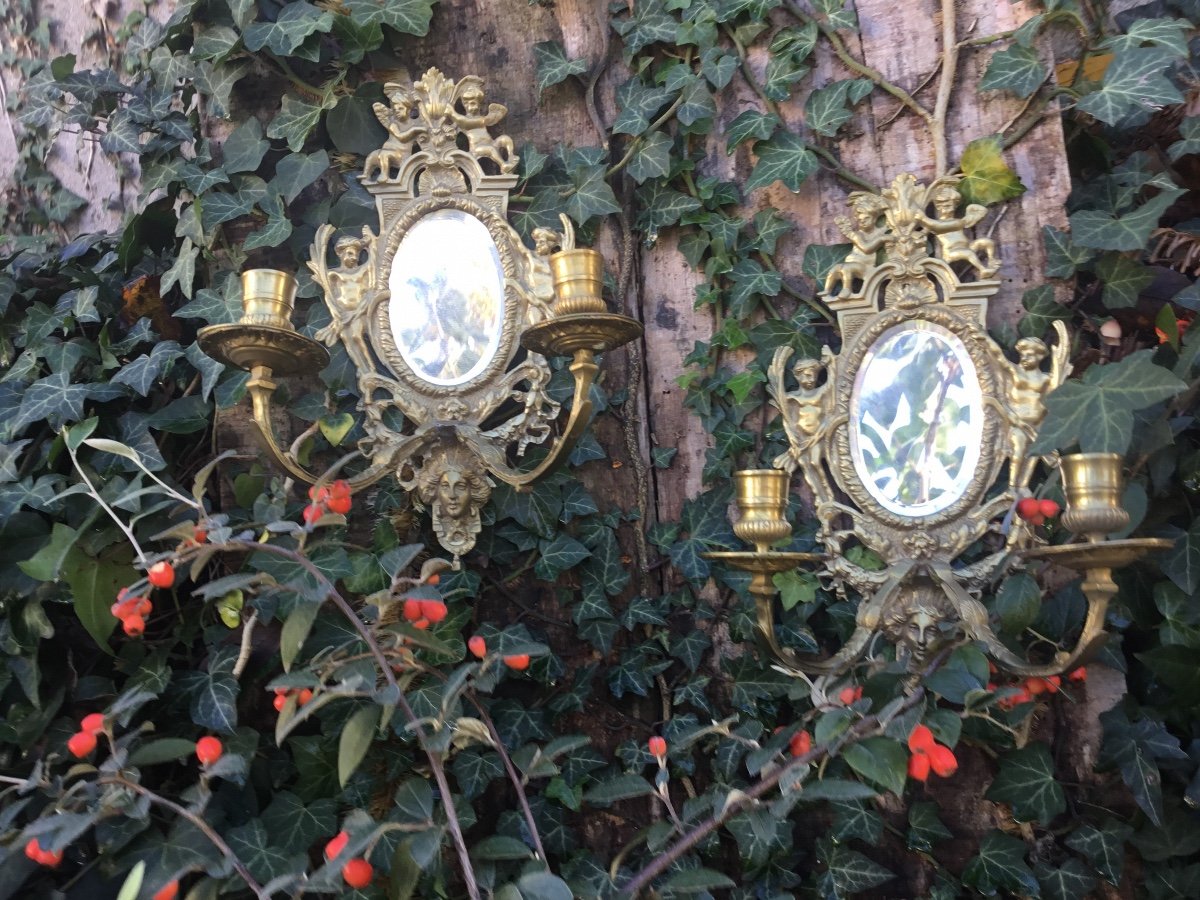 Pair Of Small Mirror Sconces With Putti-photo-2