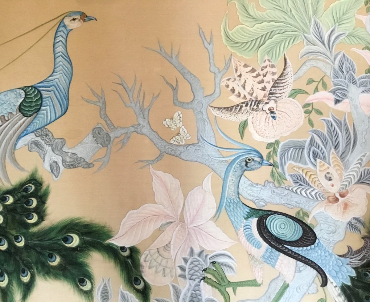 Couple Of Birds And Orchids, Silk Painting