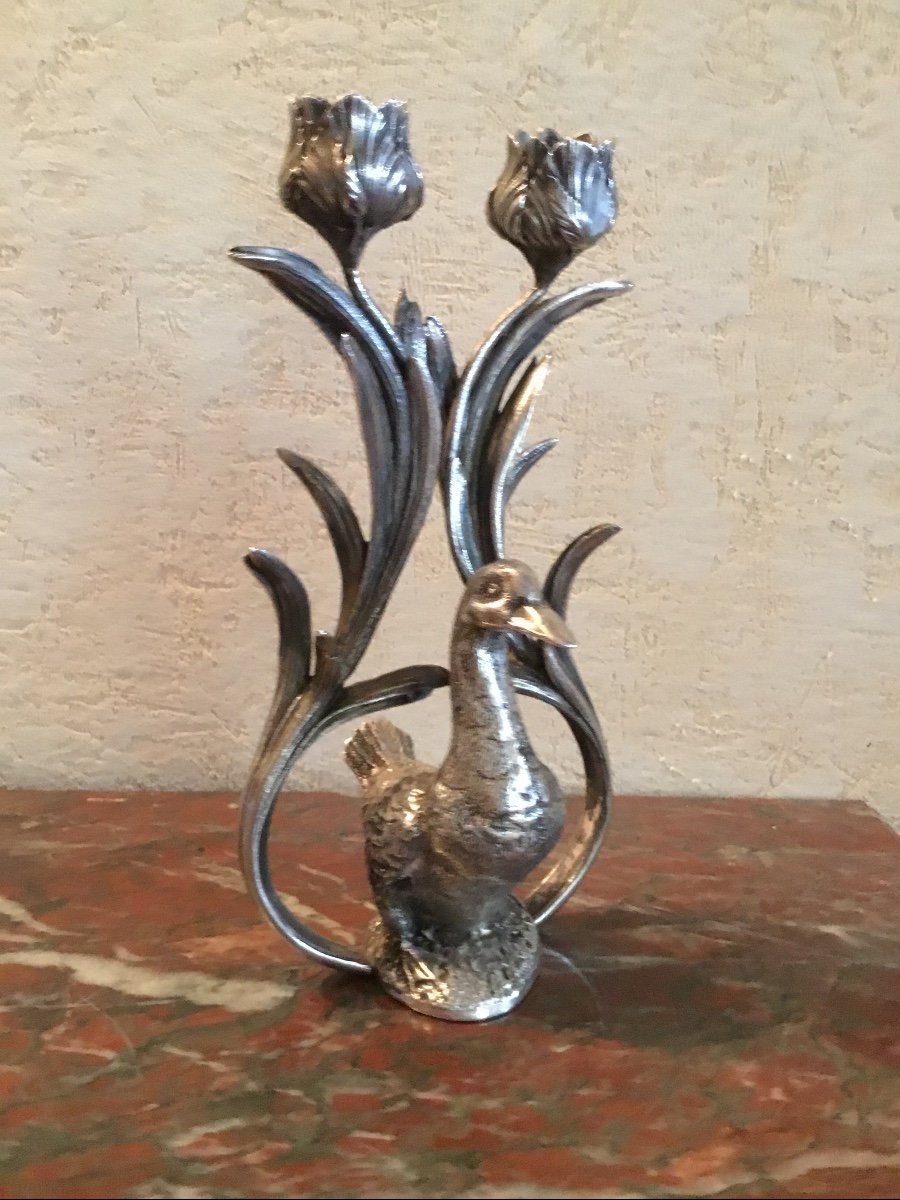 Candlestick In Silvered And Chiseled Bronze With Two Lights And Duck-photo-2