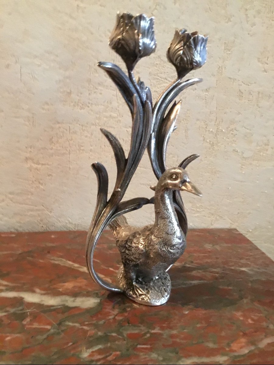 Candlestick In Silvered And Chiseled Bronze With Two Lights And Duck-photo-3