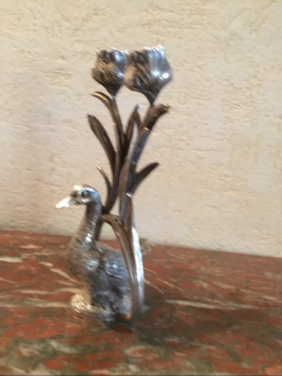 Candlestick In Silvered And Chiseled Bronze With Two Lights And Duck-photo-4