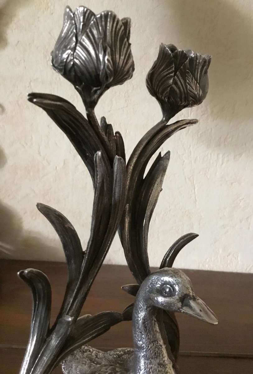 Candlestick In Silvered And Chiseled Bronze With Two Lights And Duck-photo-4